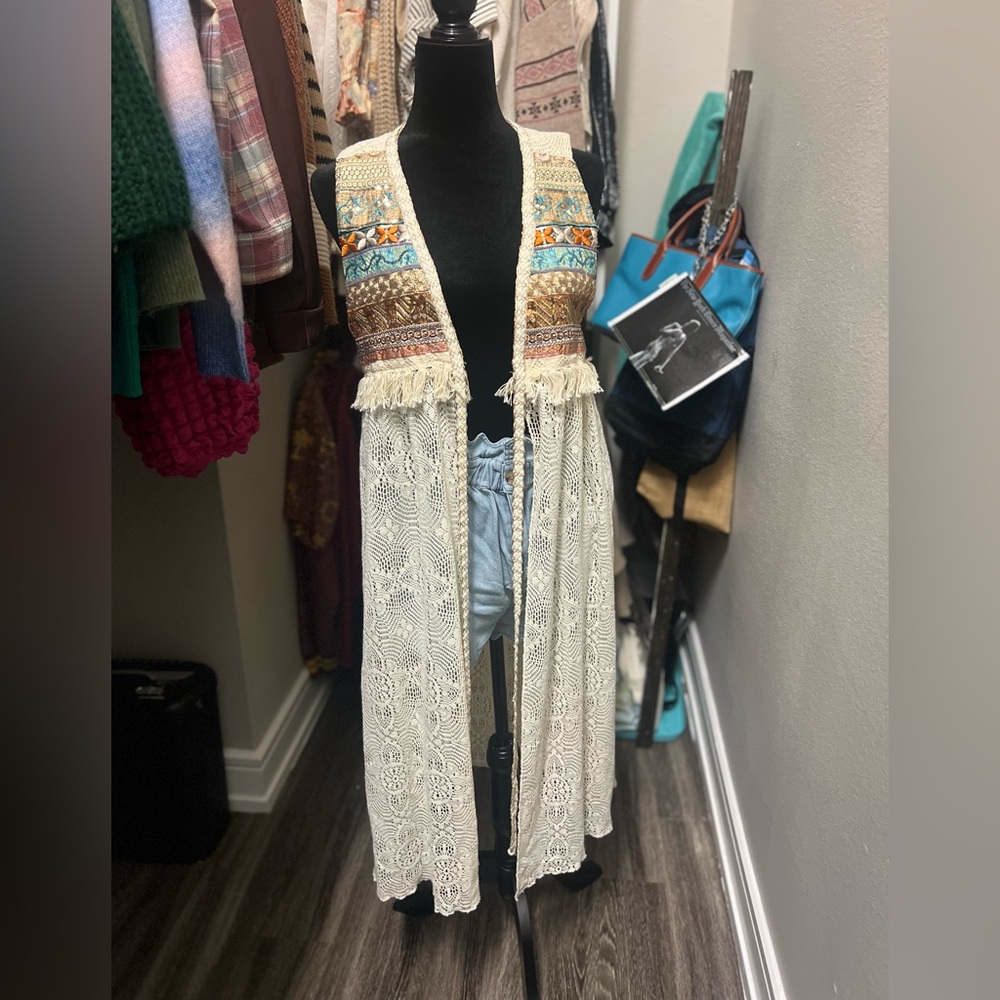 NKN Nekane | Boho Embroidered Lace Duster Vest | NWT | Size: S/M